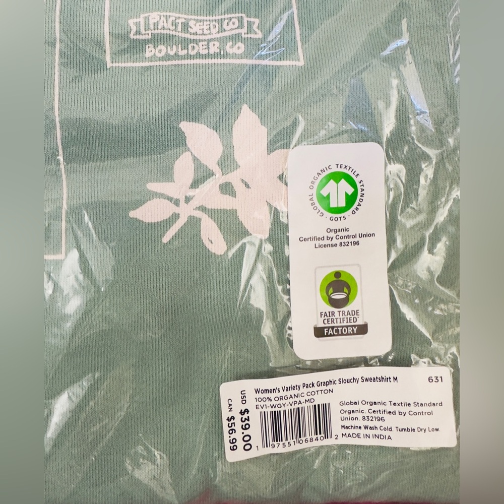 pact Organic Cotton Sage Green Graphic Herbs Crew Neck Slouchy Sweatshirt M & L - Picture 10 of 12